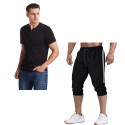 2020 summer cross border foreign trade men's V-neck slim short sleeve T-shirt color matching 7-point pants suit