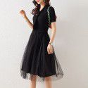 2003103-2021 spring and summer new slim knitting flocking wave dot mesh fake two dresses with simple temperament