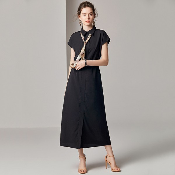 1912307-2019 summer new elegant temperament Lapel raglan sleeve waist split length dress