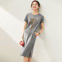 2006507-2021 spring and summer French New Age reducing round neck hot drill mouse T-shirt split casual dress