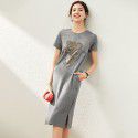 2006507-2021 spring and summer French New Age reducing round neck hot drill mouse T-shirt split casual dress