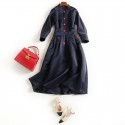 1714108-2021 spring and Autumn New Women's Hepburn style standing collar 7 / 6 sleeve middle swing dress