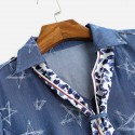 1913203-2021 summer new V-neck printing ribbon hand painted five pointed star waist split denim dress