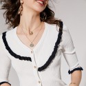 1924208-2021 autumn French new style elegant age reduction contrast ear edge V-neck single breasted knitted cardigan