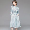 1939507-2021 early spring new fashion Ruffle geometric printing waist slim mid length dress
