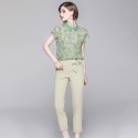 1920107-2021 summer new Chiffon printed shirt top + suit pants two piece suit with belt