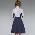 1910205-2021 spring and summer new women's fashionable slim down age contrast striped shirt middle dress