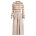 1926308-2021 autumn and winter new fashionable bright silk striped T-shirt + pleated skirt retro two piece suit