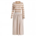 1926308-2021 autumn and winter new fashionable bright silk striped T-shirt + pleated skirt retro two piece suit