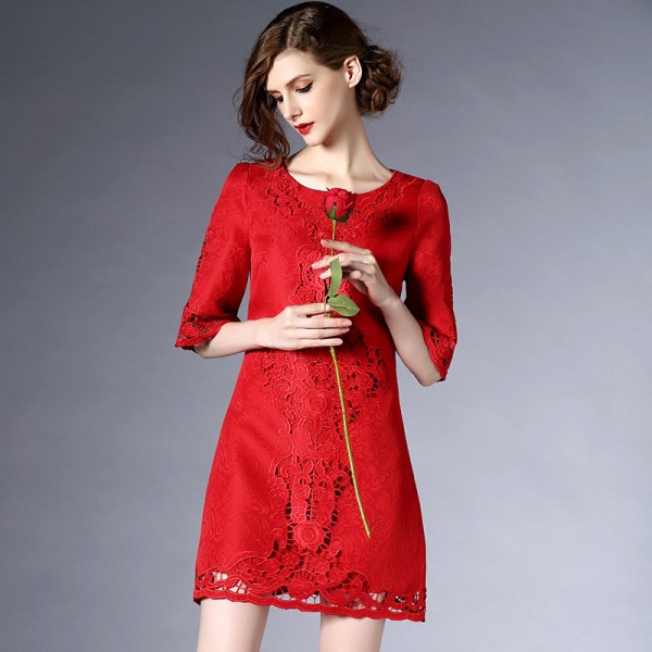 F1052-2021 Bridesmaid bride's return door red new year dress hollow out embroidered trumpet sleeve dress wedding night