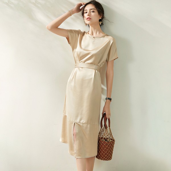 2006308-2021 new French chic style elegant round neck slim split simple fashionable dress