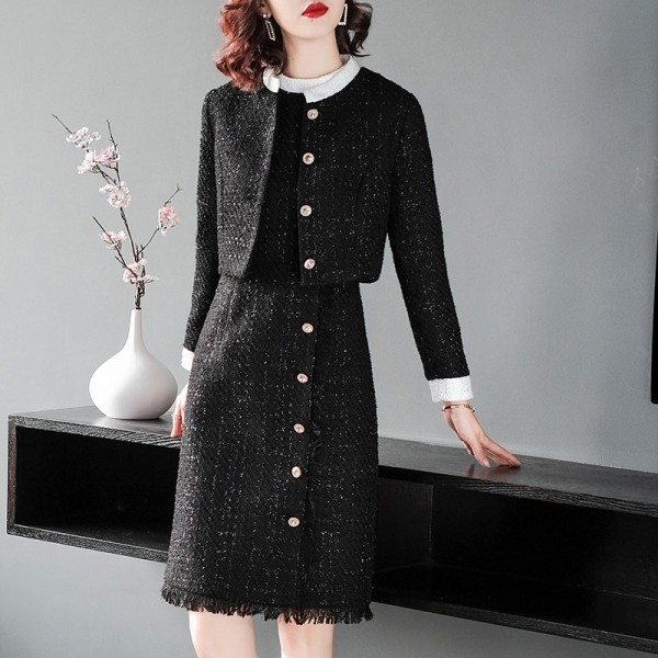 1835307-2021 autumn new style commuting dress elegant Plaid round neck long sleeve two piece A-line skirt