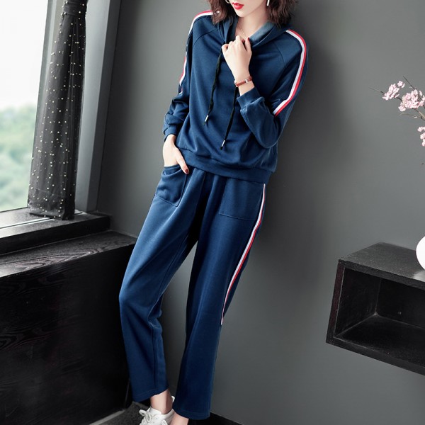 1926201-2021 autumn women's side striped Hoodie + high waist straight pants fashion casual two piece suit