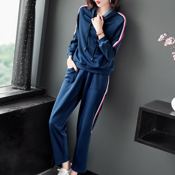 1926201-2021 autumn women's side striped Hoodie + high waist straight pants fashion casual two piece suit