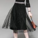 1925503-2021 autumn new women's Ruffle sleeve sexy T-shirt + bright silk screen half skirt two piece set