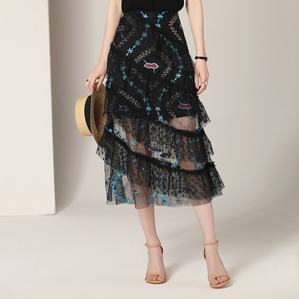 Q1918208-2021 summer new French fashionable high waist slim slim half length A-line skirt embroidered gauze skirt
