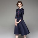 1714108-2021 spring and Autumn New Women's Hepburn style standing collar 7 / 6 sleeve middle swing dress