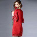 F1052-2021 Bridesmaid bride's return door red new year dress hollow out embroidered trumpet sleeve dress wedding night
