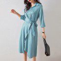 2003304-2021 spring and summer new light sense Satin waist band design shirt skirt dress commuter