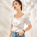 S2008805-2021 new French Chic one line collar age reducing bubble sleeve short sleeve T-shirt