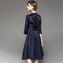 1714108-2021 spring and Autumn New Women's Hepburn style standing collar 7 / 6 sleeve middle swing dress