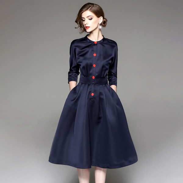 1714108-2021 spring and Autumn New Women's Hepburn style standing collar 7 / 6 sleeve middle swing dress