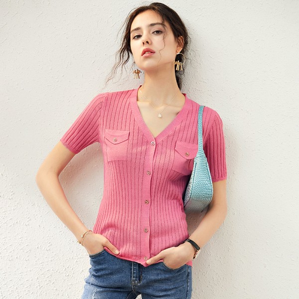 S2006405-2021 spring and summer new French retro top versatile temperament knitted cardigan simple T-shirt lazy