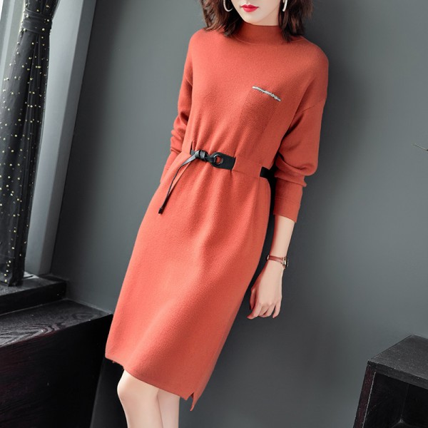 1926209-2021 autumn and winter simple goddess model waist belt design knitted dress turtleneck sweater