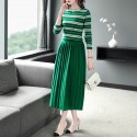 1926308-2021 autumn and winter new fashionable bright silk striped T-shirt + pleated skirt retro two piece suit