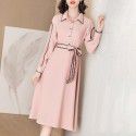1940308-2021 early spring new style elegant lady commuting waist slim medium length linen dress