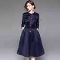 1714108-2021 spring and Autumn New Women's Hepburn style standing collar 7 / 6 sleeve middle swing dress