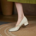 2021 summer new Pearl bow round head shallow mouth thick heel shoes Korean sweet fairy simple shoes