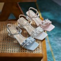 2021 summer new crystal heel pearl lotus leaf high heel sandals Korean version simple sweet fairy sandals