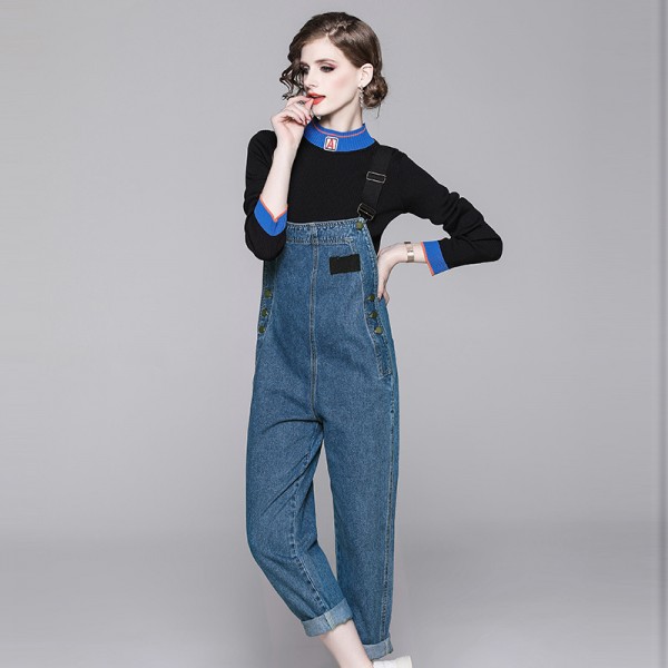 1920508-2021 early autumn new women's turtleneck sweater + denim suspenders suit commuting leisure youth