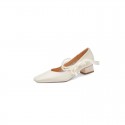 2021 summer new style square head shallow mouth simple thick heel medium heel single shoes Korean bowknot PEARL RIBBON women's single shoes