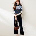 1937308-2021 autumn and winter new French retro stripe slim knit velvet wide leg pants two piece suit