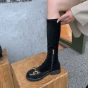 2021 autumn new round head metal decoration low heel thick heel boots simple Korean leisure elastic boots outdoor boots