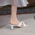 Soft and comfortable full leather inside and outside 2021 summer new square bow slippers women's thick middle heel sandals