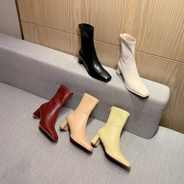 2021 autumn new Korean simplified French short elastic boots middle heel thick heel square head back zipper women's fashion boots