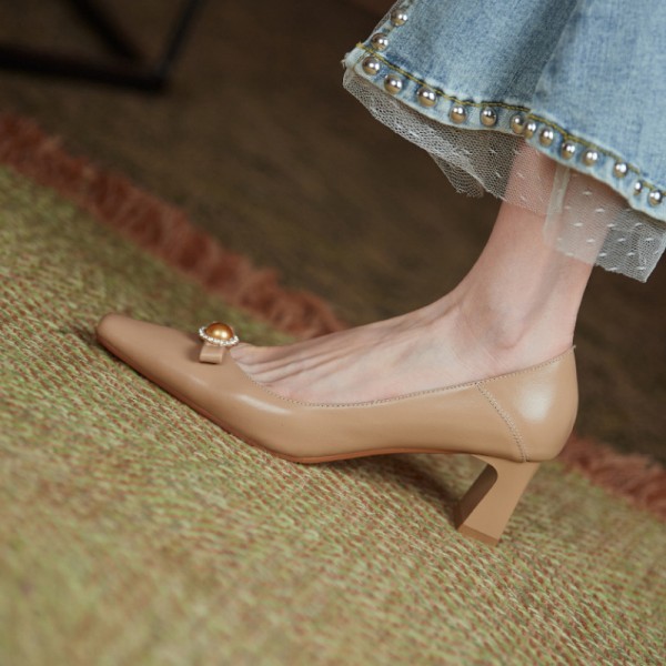 2021 summer new Korean version simple square head thick heel shallow mouth single shoes bow, wearing fairy gentle single shoes