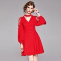 1923104-2021 autumn new small dress bridesmaid bride Red Net Lantern Sleeve slim dress