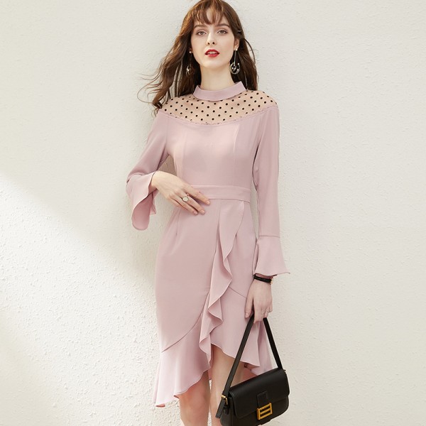 1941501-2021 spring new French temperament celebrity elegant fishtail mesh slim mid length dress