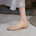 Thick heel round head women's new summer 2021 pleated pearl simple Korean shallow mouth soft sole Doudou women's single shoe