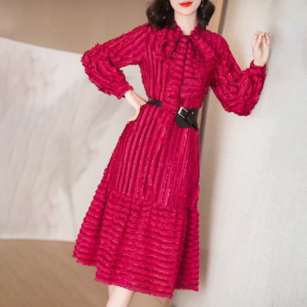 1940106-2021 early spring new fashion temperament celebrity tassel Chiffon Lace Up slim mid length dress