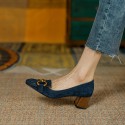 2021 summer new shallow thick heel frosted simple metal decorative single shoes Korean thick heel round head tassel single shoes
