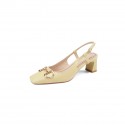 Keep money! Fashionable ~ square head metal button thick heel back empty single shoes high heel Baotou yellow sandals women's summer