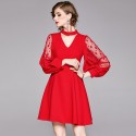 1923104-2021 autumn new small dress bridesmaid bride Red Net Lantern Sleeve slim dress