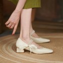2021 summer new style square head shallow mouth simple thick heel medium heel single shoes Korean bowknot PEARL RIBBON women's single shoes