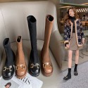 2021 autumn new round head metal decoration low heel thick heel boots simple Korean leisure elastic boots outdoor boots