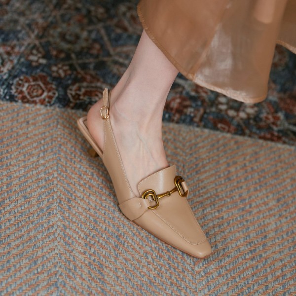 Cowhide high heels women's thin heel Baotou sandals women's summer 2021 new metal fastener pointed back single shoes women's shoes
